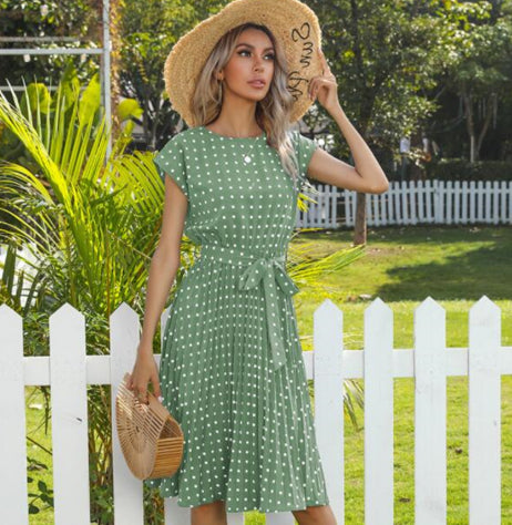 Elegant Women's Polka Dot Midi Dress–Short-Sleeve Pleated Summer Style